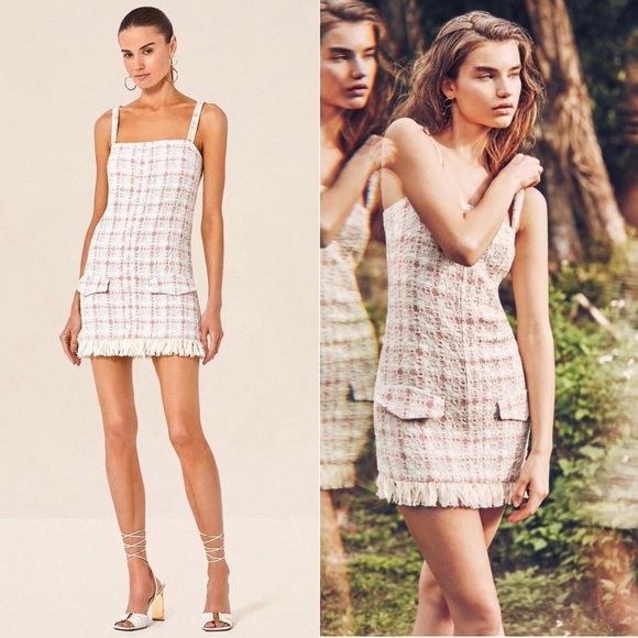 Alexis Dresses & Skirts - ALEXIS 90s Plaid Tweed Square Neck Sleeveless Fringe Hem Mini Dress‎ Medium